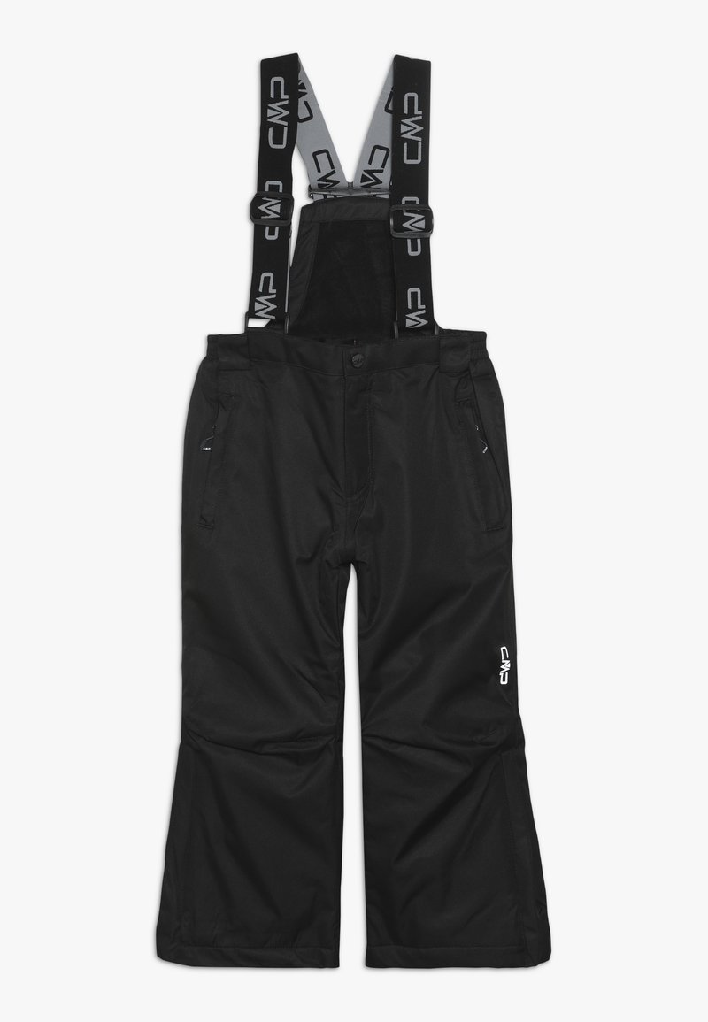 Schwarze Skihosen mit verstellbaren Trägern, Reißverschlusstaschen und weit geschnittenem Design, gefertigt aus einem wasserfesten Stoff mit glatter Textur.
