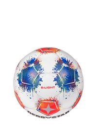 Pallone da calcio bianco con un design a schizzi di vernice rossa, blu e verde. Presenta pannelli pentagonali e esagonali. Contrassegnato con "S-LIGHT" e "DERBYSTAR".