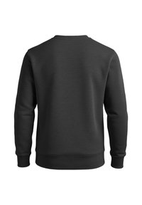 Sudadera gris oscuro de manga larga, con cuello redondeado y puños y dobladillo acanalados. Textura suave sin patrones o logotipos prominentes.