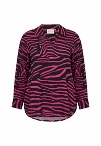 Růžovo-černý zebra vzor s dlouhým rukávem a límečkovým výstřihem, sevolným střihem a zakřiveným lemem. Měkká textilie.