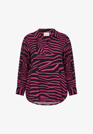 Rózsaszín és fekete zebra mintás, hosszú ujjú ing, galléros nyakkal. Laza fazonú, ívelt szélekkel rendelkezik. Puha anyagú.