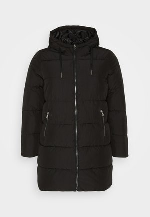 Manteau en duvet noir avec capuche, présente un zip frontal et deux poches latérales zippées. Tissu texturé avec un motif matelassé.