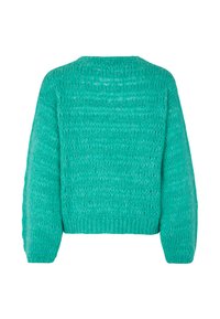 Chunky knit turquoise sweater with long sleeves and ribbed hem and cuffs, shown from the back on a white background.