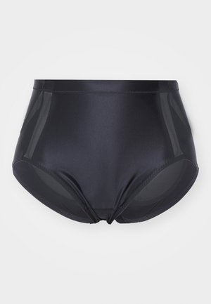 Bikini donji dio s visokim strukom u crnoj boji, izrađen od glatkog, sjajnog materijala s prozirnim bočnim panelima i urednim šavovima duž rubova.