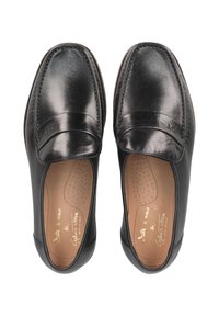 Schwarze Leder-slipper mit runder Spitze, gepolstertem Innenleben mit Perforationen und dezenten Stickdetails.