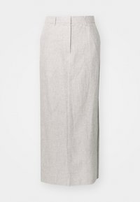 Beiger Leinwand-Midirock in Bleistiftform mit Gürtelschlaufen und verdecktem Frontverschluss.