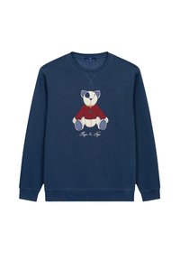 Sudadera azul marino con cuello redondo, que presenta un oso bordado con un suéter rojo. Tejido suave con puños y dobladillo acanalados.