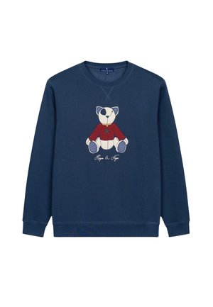 Marineblauwe sweatshirt met een ronde hals, voorzien van een geborduurde beer in een rode sweater. Zachte stof met geribbelde mouwen en zoom.