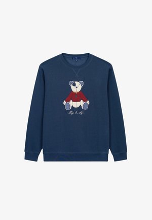 Sudadera azul marino con cuello redondo, que presenta un oso bordado con un suéter rojo. Tejido suave con puños y dobladillo acanalados.