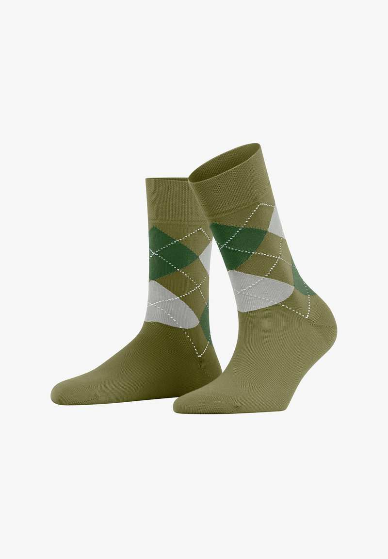 Green and gray argyle pattern socks with a ribbed cuff. Smooth texture, mid-calf length, featuring white stitching along the diamond shapes.