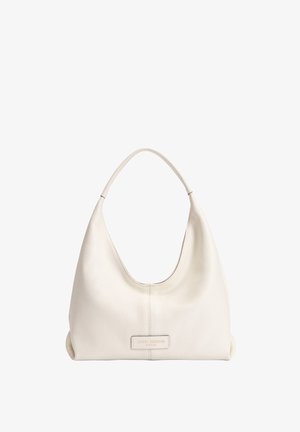 White leather hobo bag with a soft, textured finish, a curved silhouette, and a prominent brand label on the front.