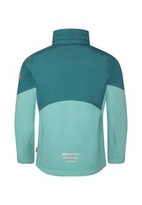 Giacca teal e verde chiaro con colletto alto, caratterizzata da un design a blocchi di colore, tessuto testurizzato e dettagli riflettenti sul retro.