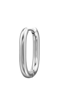 Orecchino ad anello in metallo argentato, di forma ovale con una superficie liscia. Presenta un giunto senza soluzione di continuità, progettato per un facile indossamento e uno stile minimalista.