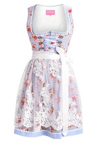 Robe à motif floral avec un corsage à carreaux bleus, une superposition en dentelle et un ruban en satin blanc. Elle présente un décolleté carré et une bordure en dentelle.