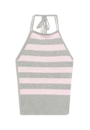 Nyakpántos, ujjatlan kötött felső, vízszintes rózsaszín és szürke csíkokkal, szürke bordás szegéllyel.