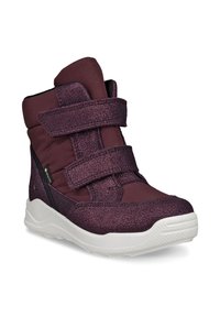 Stivale invernale alto per bambini in viola scuro con due cinturini in velcro e suola bianca con texture.