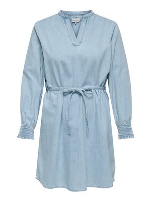 Lichtblauwe lange denimjurk met lange mouwen, V-hals, elastische gerimpelde manchetten en een ceintuur in een strik bij de taille.