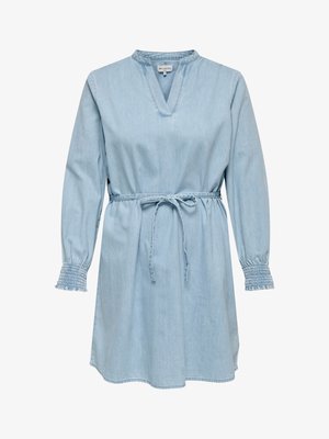 Light blue long-sleeve denim dress with V-neck, elastic ruffled cuffs, and a tie belt at the waist.