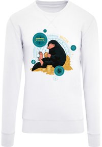 Hvit genser med et Niffler-trykk. Kreaturet sitter blant gullmynter, med teal-farger og sirkulære designelementer.