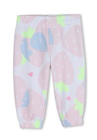 Ελαστικό παντελόνι από ελαφρύ ύφασμα, με παστέλ σχέδιο φράουλας σε ροζ, μπλε και πράσινο, με ελαστικές μανσέτες και ζώνη στη μέση.