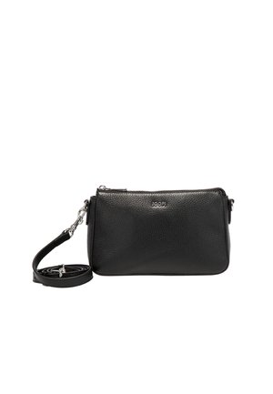 Schwarze strukturierte Ledercrossbody-Tasche mit silbernem Reißverschluss und abnehmbarem Trageriemen, kleines metallisches Markenlogo mittig vorne.