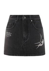 Black denim skirt with a fitted design, featuring front pockets and embroidered swallow detail on the right side. Button closure at the waist.