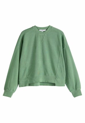 Sweat-shirt vert doux à col rond, manches longues, poignets et ourlet côtelés, avec un petit détail de couture triangulaire sous le col.