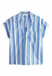 Camicia a maniche corte con bottoni, a strisce blu e bianche, realizzata in tessuto leggero. Presenta una tasca sul petto sinistro e un colletto a punta.