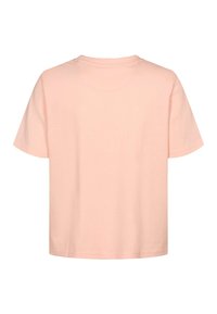 Ružové tričko s krátkym rukávom z bavlny, s okrúhlym výstrihom a voľným strihom. Zadná strana je jednofarebná bez ďalších detailov.