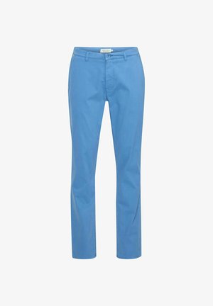 Chinos en coton bleu clair avec une texture lisse, design à jambe droite, poches avant et fermeture à bouton à la taille.