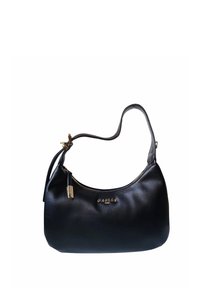 Borsa a tracolla in pelle nera con zip dorata, dettaglio del logo sul davanti, forma curvata e una singola tracolla regolabile.