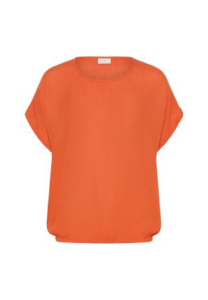 Kratki rukavi, prozračna bluzica u vibrantnoj narančastoj boji, izrađena od lagane tkanine s glatkom teksturom i okruglim izrezom.