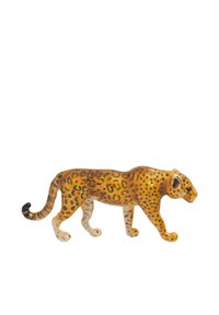 Leopard figurine, glossy orange and yellow with black spots; realistic detailing in shape, ears, and eyes; smooth texture.