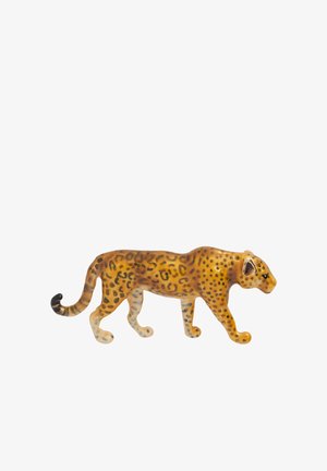Figurina di leopardo, lucida arancione e gialla con macchie nere; dettagli realistici nella forma, nelle orecchie e negli occhi; texture liscia.