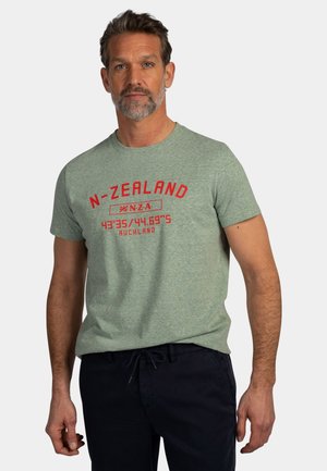 Man met kort grijs haar en baard, draagt een lichtgroen N-Zealand T-shirt met rode tekst en donkere broek, staand tegen een effen achtergrond.