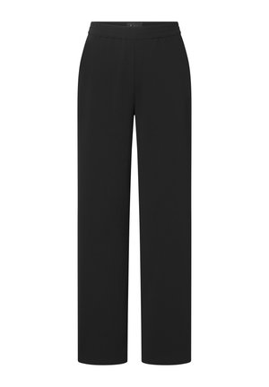 Pantalones negros de pierna recta con cintura elástica, sin bolsillos visibles ni adornos, mostrados sobre fondo blanco.