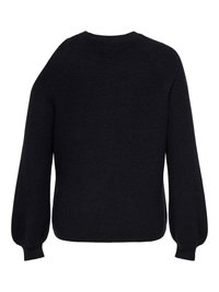 Pull en maille noire avec un col arrondi, des manches raglan et des poignets froncés, en tissu texturé et coupe décontractée.