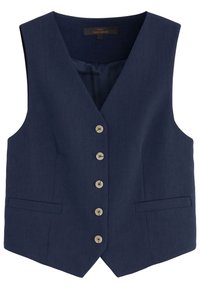 Marineblauw gepersonaliseerd vest met vijf beige knopen aan de voorkant en twee zakken met gleuven, mouwloos met een V-hals.