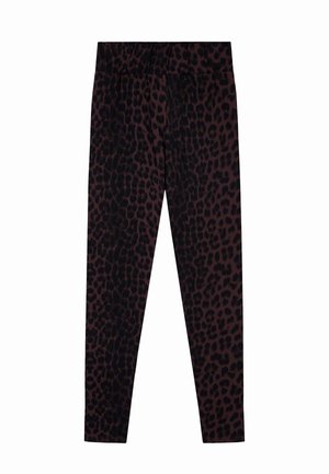 Black leggings with a subtle leopard print pattern in dark brown, featuring a soft fabric and an elastic waistband for comfort.