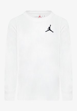 Valkoinen pitkähiha paita, jossa vasemmassa rinnassa musta Jumpman-logo ja pääntien sisäpuolella punainen Jumpman-logo.