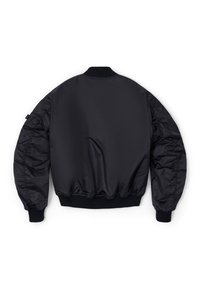 Black, padded bomber jacket with a round neck, elastic cuffs, and waistband. Smooth texture with a glossy finish, featuring side pockets.