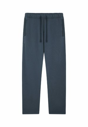 Pantalon décontracté bleu marine avec taille élastique, cordon de serrage, et poches latérales avec détails côtelés.