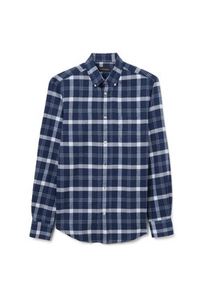Camicia a quadri blu navy con controlli bianchi e azzurri, maniche lunghe, colletto appuntito e chiusure con bottoni, realizzata in tessuto intrecciato.