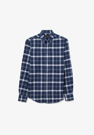Camicia a quadri blu navy con controlli bianchi e azzurri, maniche lunghe, colletto appuntito e chiusure con bottoni, realizzata in tessuto intrecciato.