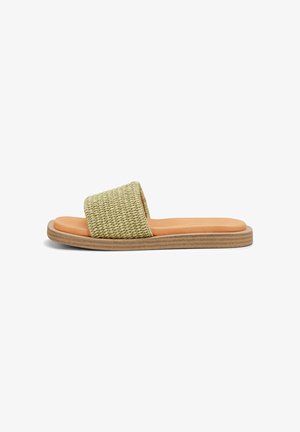 Green woven slide sandal with a flat, brown sole and a padded, tan footbed. The upper features a textured design, showcasing an open-toe style.
