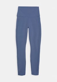 Leggings blu elasticizzati con una vita alta, caratterizzati da cuciture piatte e un tessuto liscio e traspirante per comfort e flessibilità.
