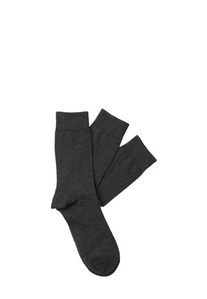 Calze in cotone grigio scuro con una texture liscia, altezza fino a metà polpaccio, polsini a costine e design classico. Due calze esposte insieme.