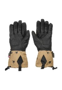 Une paire de gants en cuir noir avec des poignets en tissu beige ornés de petits dessins d'oiseaux noirs et de sangles de poignet réglables.