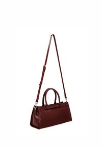 Borsa a mano in pelle bordeaux con forma strutturata, doppi manici superiori e tracolla regolabile. Finitura texturizzata con dettagli hardware argentati.