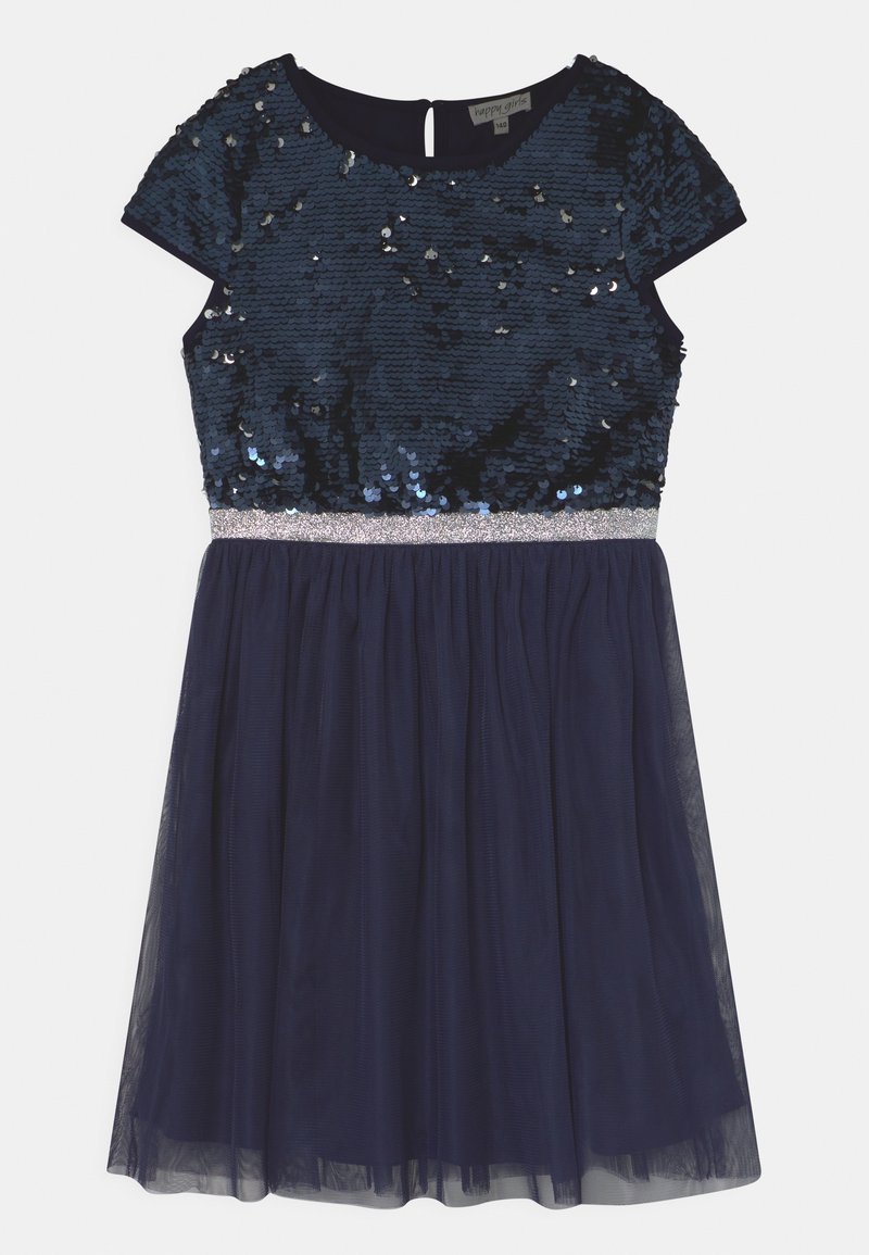 Marineblaues Kleid mit einem Paillettenoberteil, kurzen Ärmeln, Tüllrock und einem schimmernden silbernen Taillenbund. Schlüssellochverschluss im Rücken.